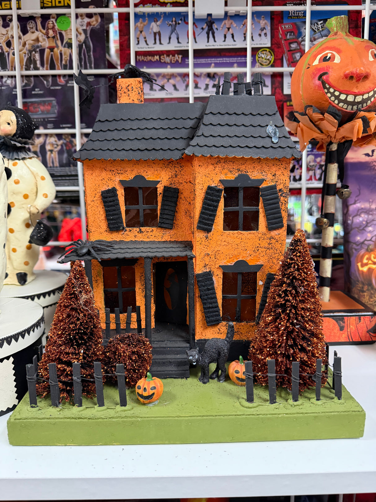 Orange Haunted House with Black Cat — Bethany Lowe
