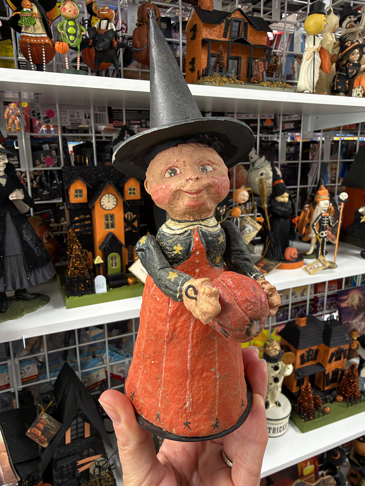 Vintage Poliwoggs Halloween Witch with Pumpkin Figurine - Critchfield & Fortunato Folk Art