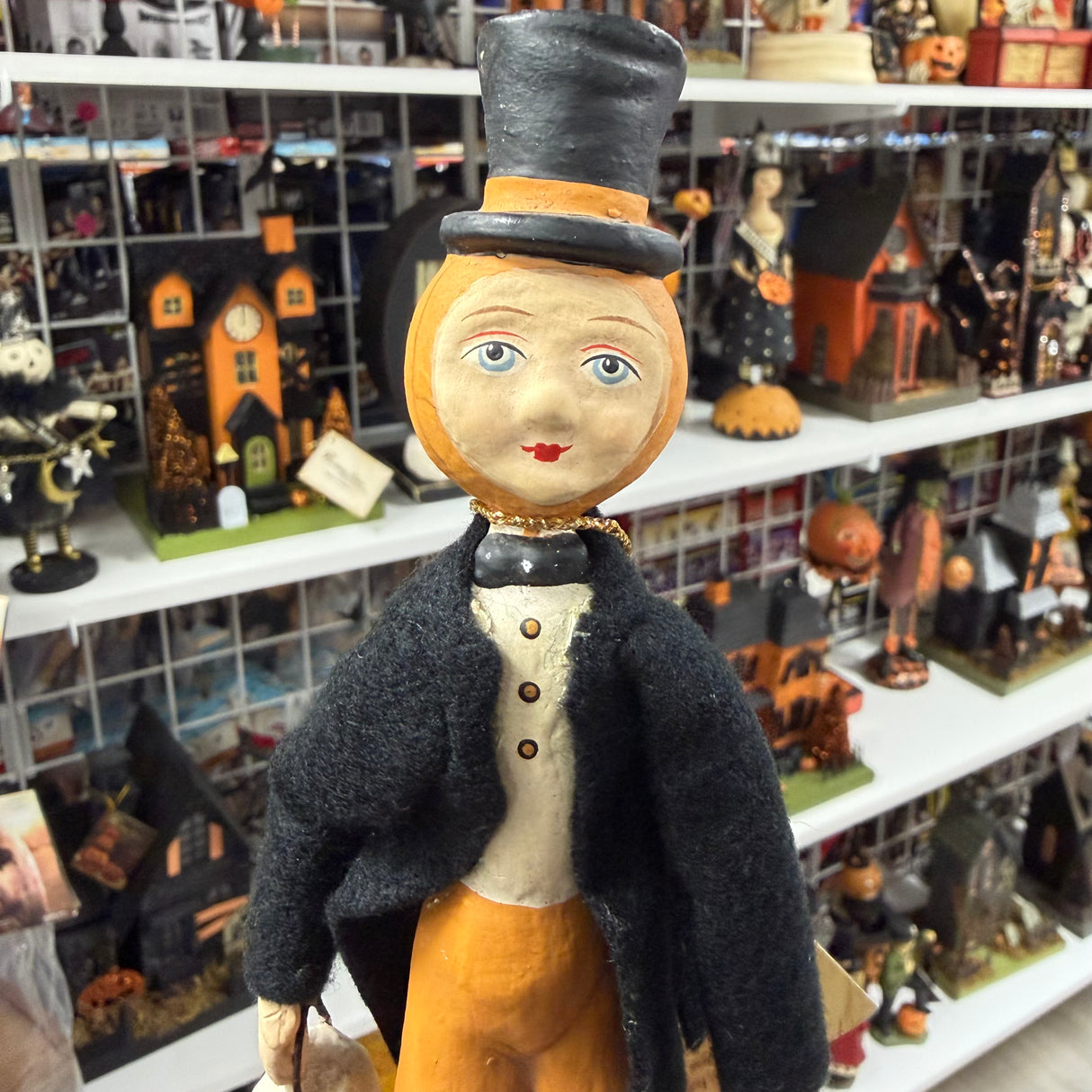 Pumpkin-Costumed Child with Top Hat — Bethany Lowe Figurine