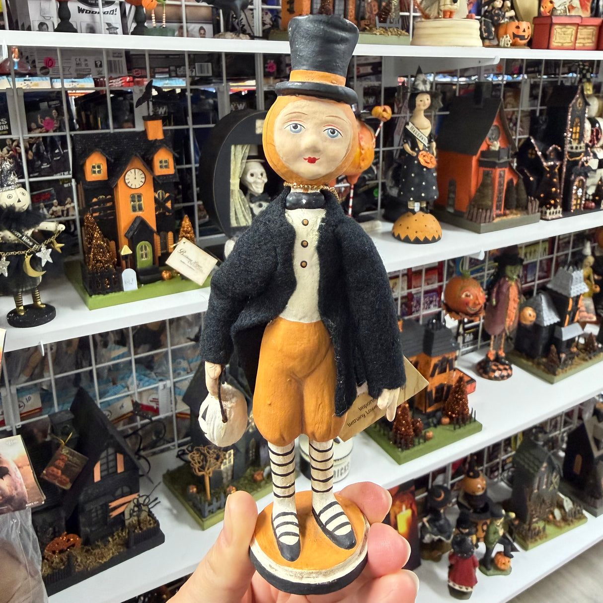 Pumpkin-Costumed Child with Top Hat — Bethany Lowe Figurine