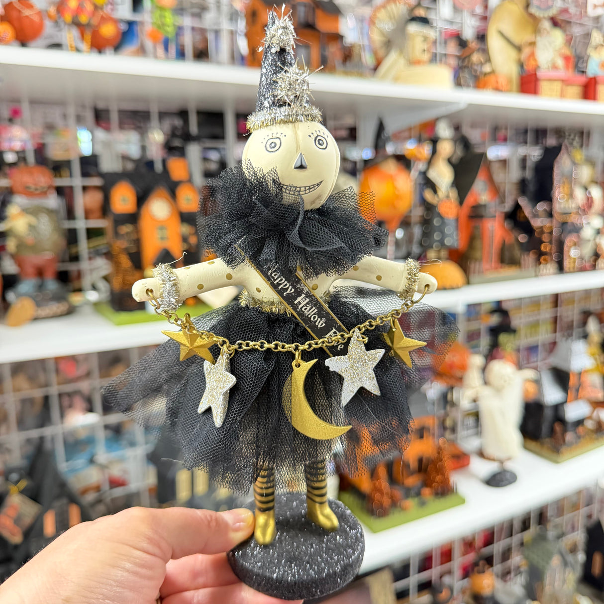Heather Myers Black & White Pumpkin-Head Halloween Figure With Black Tulle and Stars