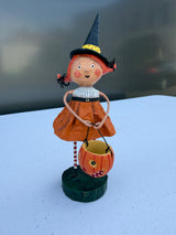 Red-haired witch with pumpkin bucket — Lori Mitchell Halloween Figurine