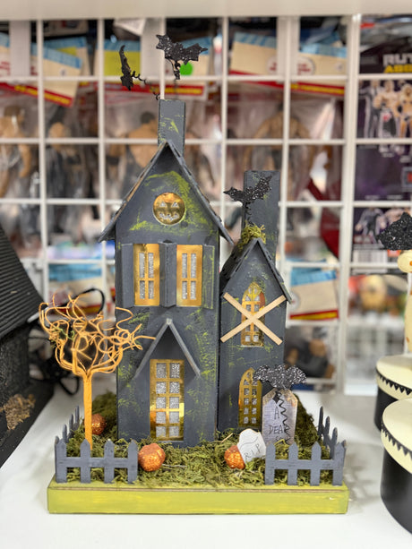 Gray Gothic Halloween House with Bats & Graveyard PICK UP ONLY - NO SHIPPING