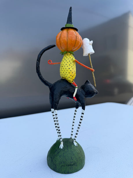 Pumpkin Rider on Black Cat Halloween Figurine