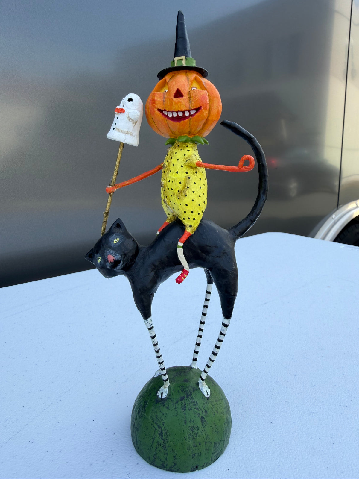 Pumpkin Rider on Black Cat Halloween Figurine
