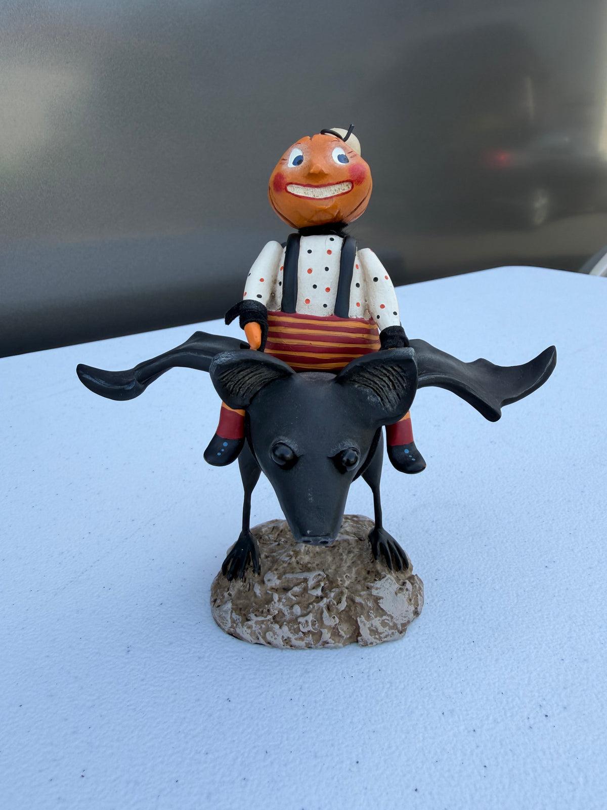 Pumpkin Head Riding Bat Halloween Figurine