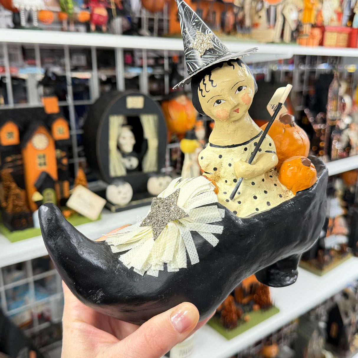 Bethany Lowe "Witch Riding in Shoe" Figurine by Vickie Smyers - Vintage Folk Art
