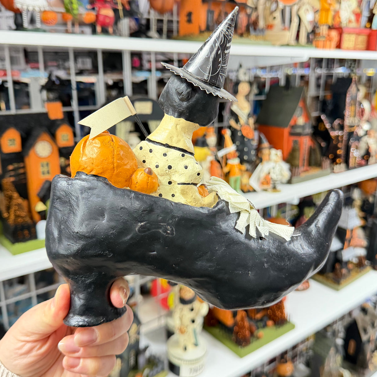 Bethany Lowe "Witch Riding in Shoe" Figurine by Vickie Smyers - Vintage Folk Art