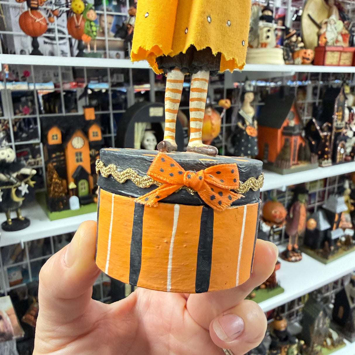 Witch with Mask on Striped Box — Allen Cunningham for Bethany Lowe